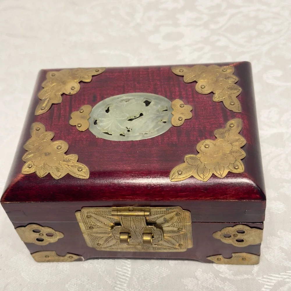 Vintage Chinese Carved Jade Stone & Rosewood Brass Pink Silk Lined Jewelry Box
